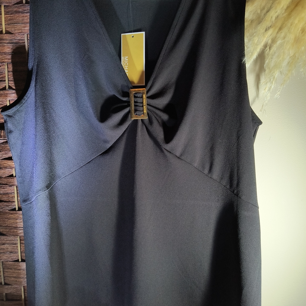 Michael Kors Black Sleeveless V-Neck Top with Buckle Detail